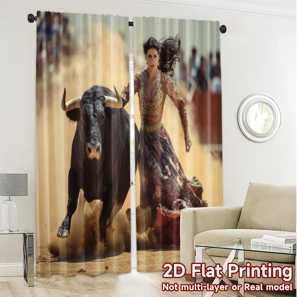 2pcs, 2D FLAT PRINTING Curtains (Without Rod) Bull Rider Elegance(1) Popular Creative Curtains Versatile Fabric Curtains Thermal