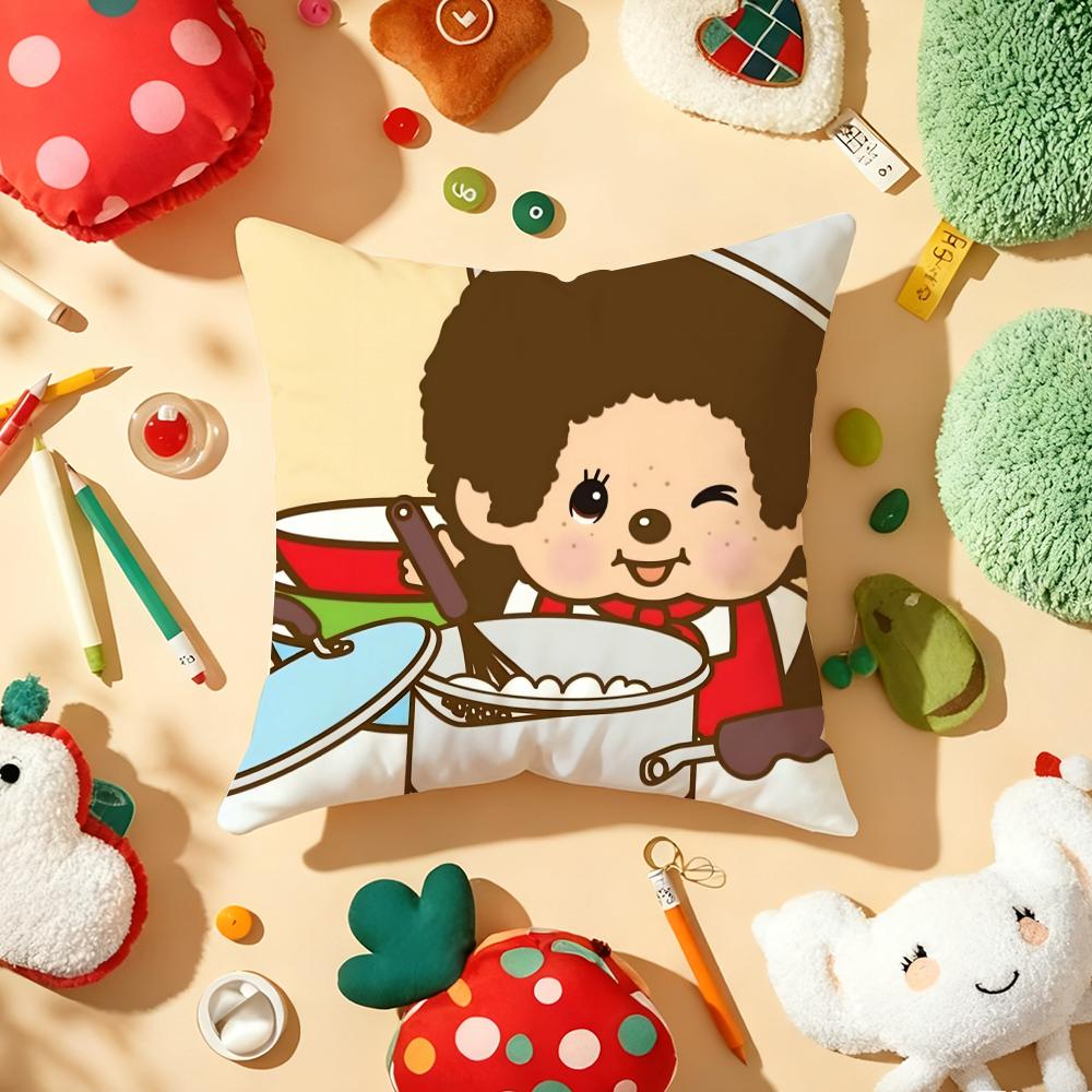 Cartoon M-Monchhichis Cushion Cover Plush Fabric Soft Double-Sided Printed Sofa Warm Winter Home Gift Pillow Cover