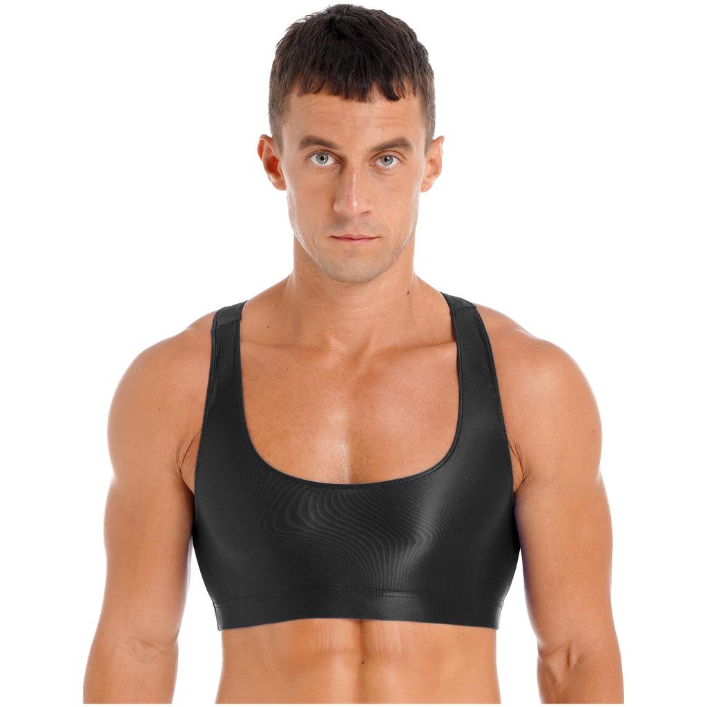 Canottiere da uomo lucide con scollo a U a tinta unita senza maniche crop top gilet per sport fitness yoga
