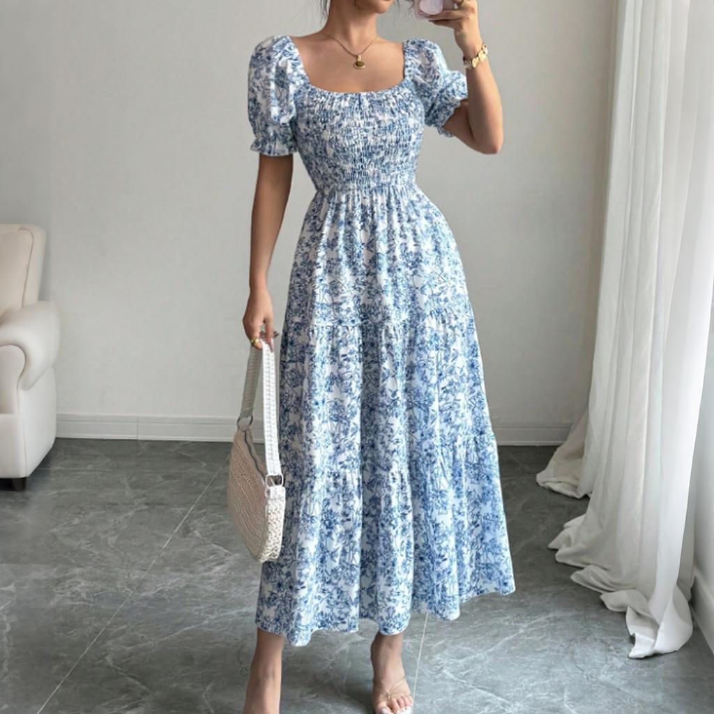 Women's Floral Print Square Neck Long Dress Summer Waist Cinched Puff Sleeve Midi Dress Casual Lightweight Flowing Dress for Daily Wear