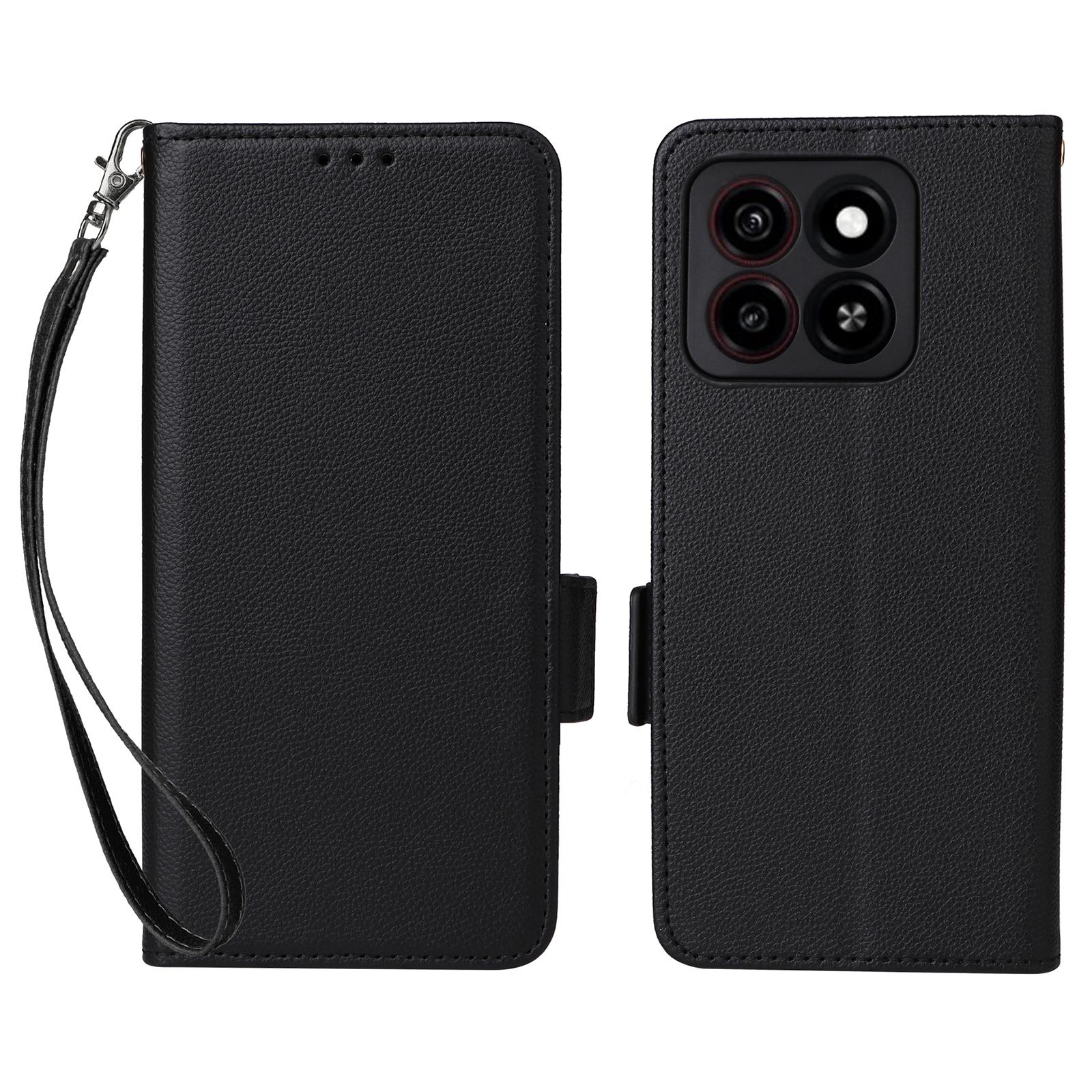 

For ZTE Blade A35/Blade A55 Case with Wrist Strap Litchi Texture PU Leather Wallet Phone Cover Black