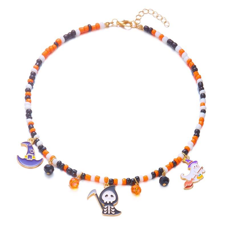 Halloween Necklace Funny Pumpkin Ghost Cat Pendant Horror Contrasting Color Rice Bead String Chain Collarbone Chain