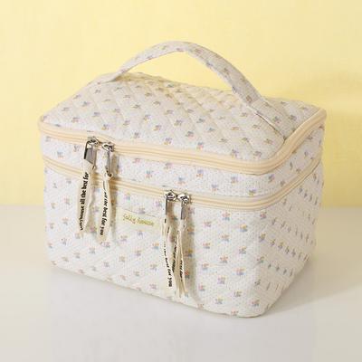 Double Layer Toiletry Bag with Compartments Cotton Makeup Cosmetic Bag Zipper Closure Floral for Toiletries Accessories Brushes