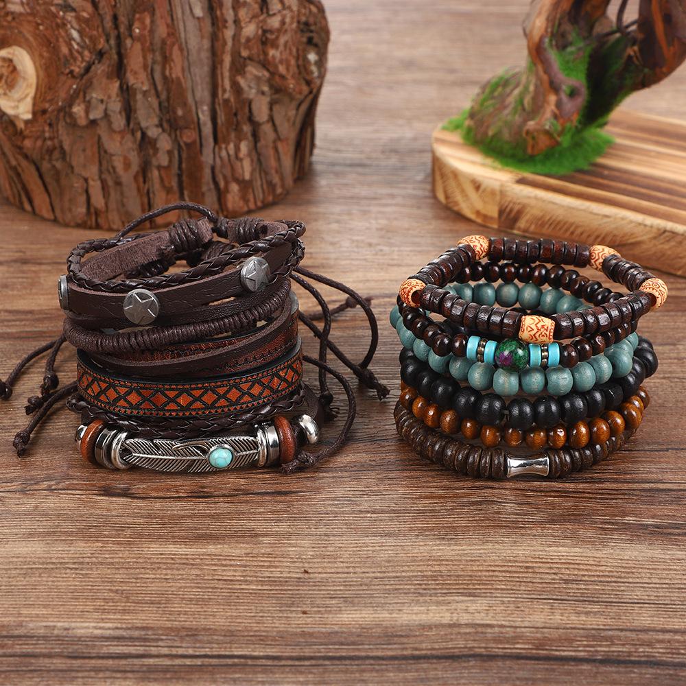 Men's Retro Ethnic Cowhide & Wood Bead Leather Bracelet Set - 11 Handmade Pieces