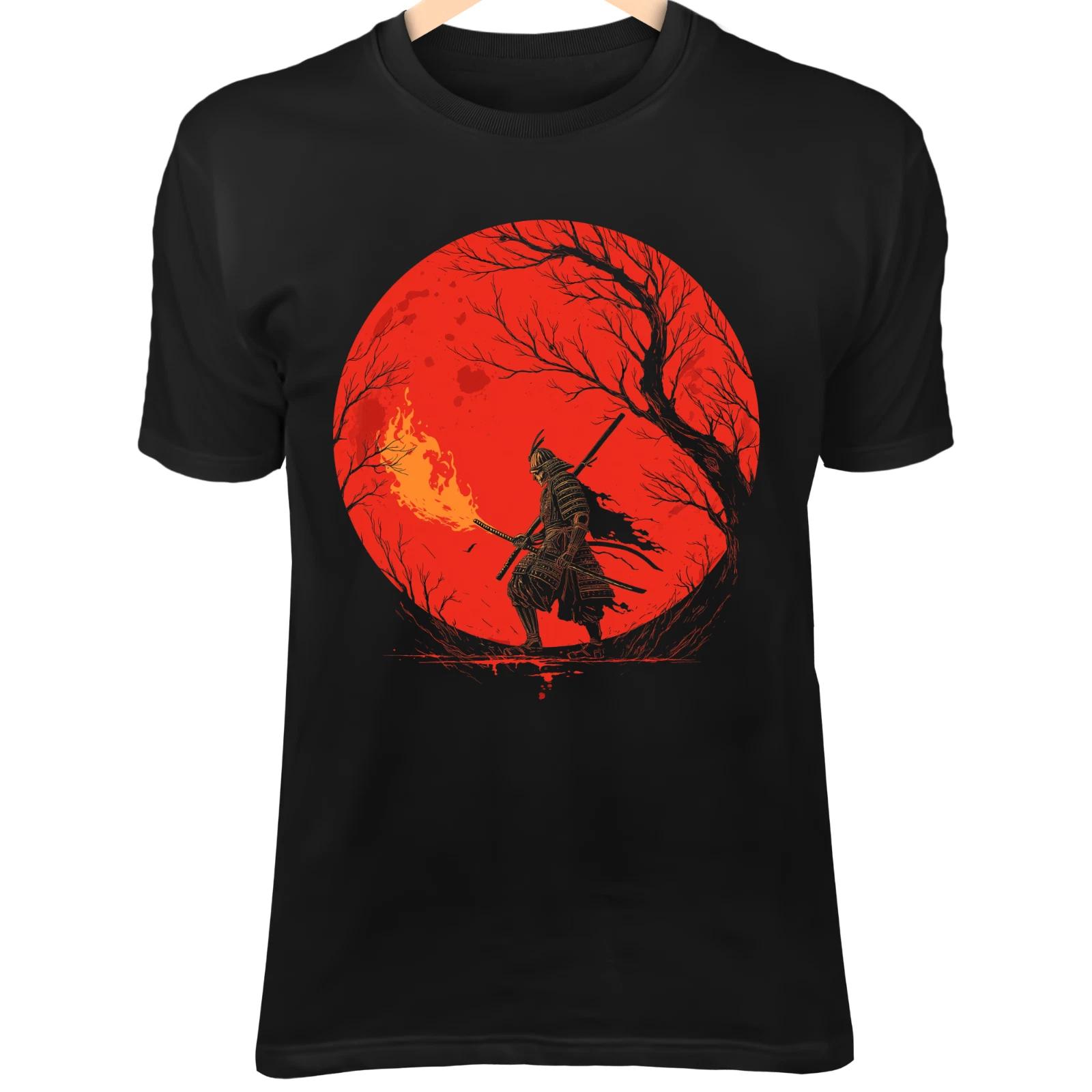 Футболка «Череп самурая» – Пламенеющий катана, Полная луна, Развевающийся на ветру плащ Арт 3XL