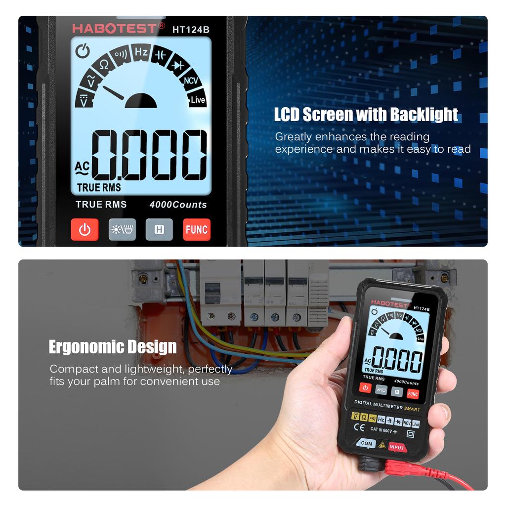 HABOTEST HT124B Smart Digital Multimeter 4000 Counts True   Auto Ranging Voltage Meter with Backlight LCD Screen 600V AC   Voltmeter Electric Test 