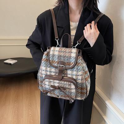 2025 Niche Women's Bags Contrasting Color Woolen Backpack Korean Version Ins Trendy Fashion Casual Tote Bag Handbag Bag