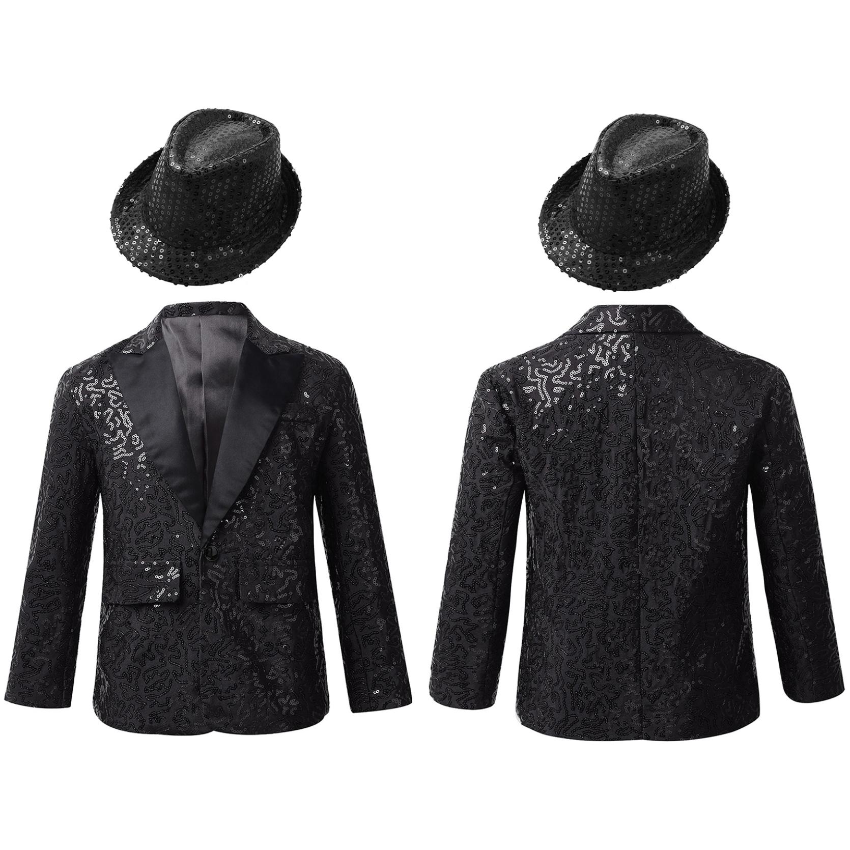 

Детский смокинг с длинными рукавами и лацканами для мальчиков, блестящие блестки, костюм, куртка, пальто со шляпой для танцевального выступления, банкета, вечеринки 11-12 Years