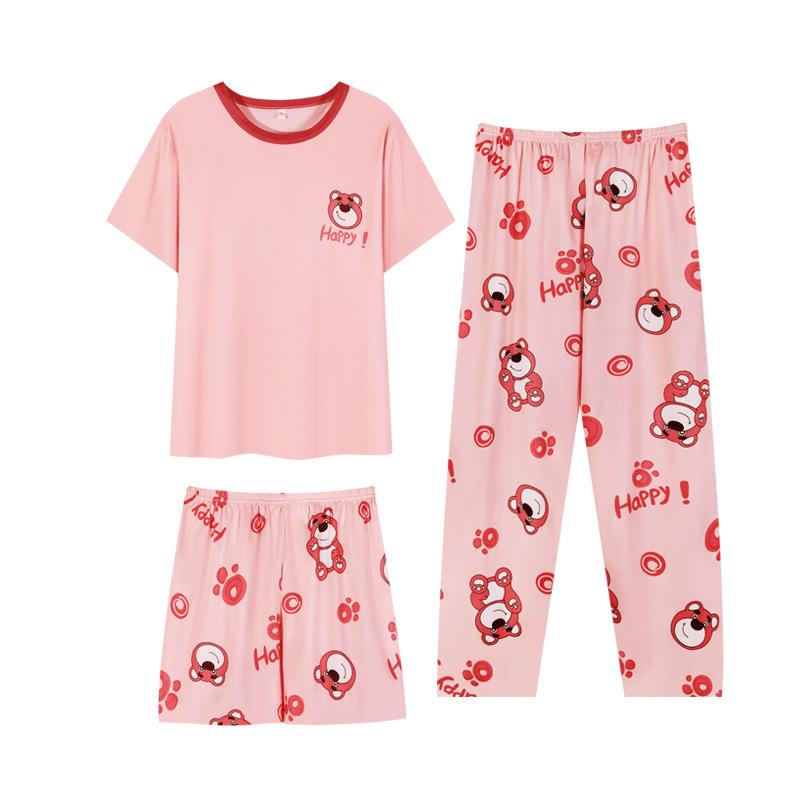 Summer Cute Strawberry Bear New Pajamas for Women, Crew Neck Short-sleeve Loungewear Three-piece Set, Casual and Sweet Style, Suitable for Outdoor 