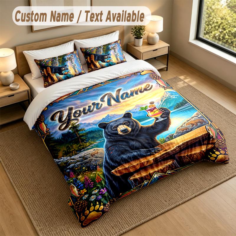 Bear Panda Theme Personalized 3Pcs Bedding Set Custom Text & Name 1 Sheet 2 Pillowcases Household Bedding 1pc