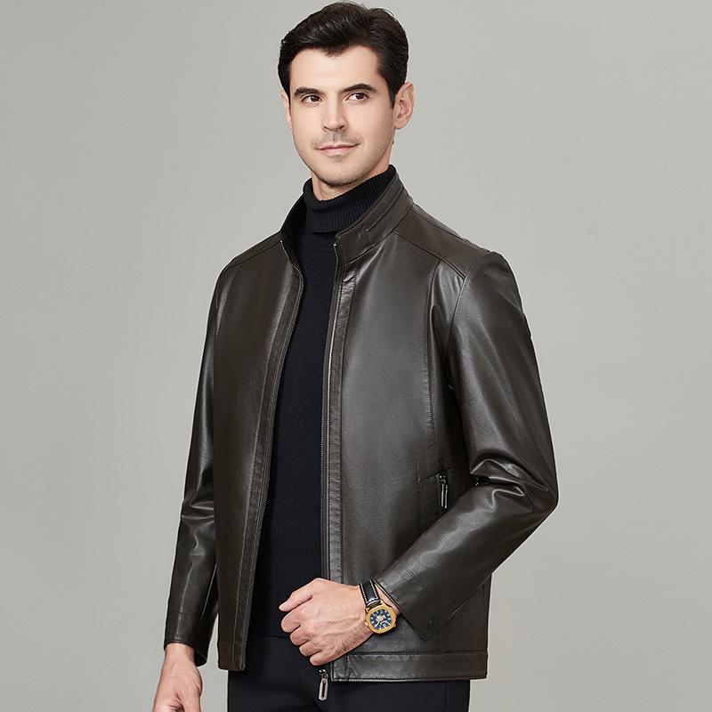 Genuine Leather Jacket for Young and Middle-aged Men Handsome Stand-up Collar Sheepskin Leather Jacket Autumn and Winter Coat