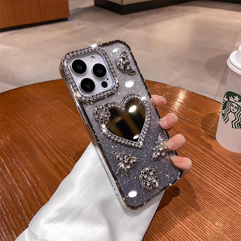 Applicable To Apple 16proMax Love Mirror Mobile Phone Case Rhinestone IPhone 15 High-end 14 Flash Powder Protection Case