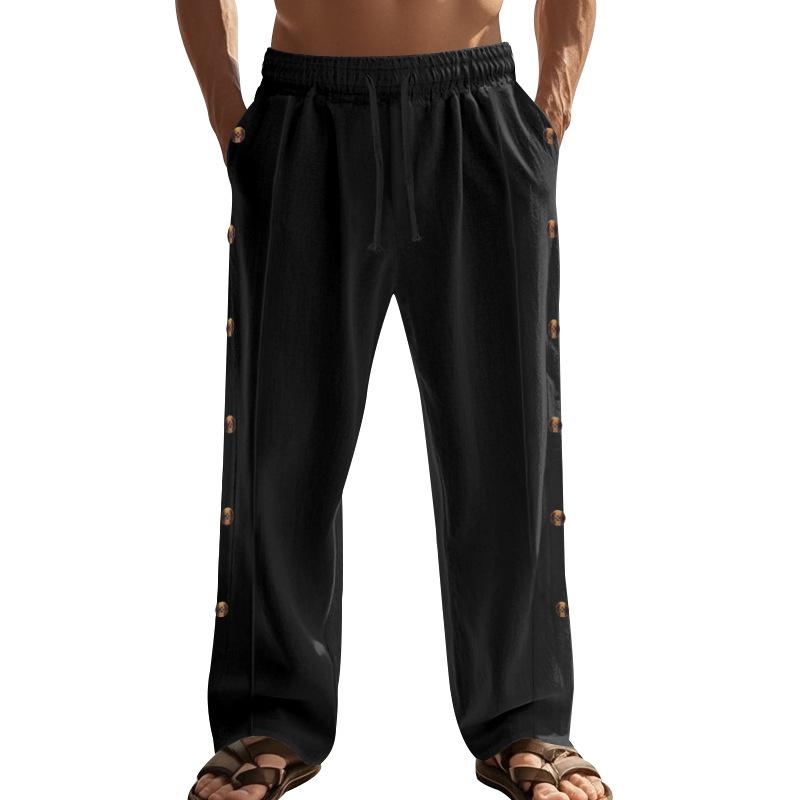 European and American Linen Pants Spring and Autumn Style Drawstring Waist Side Buckle Solid Color Daily Men's Pants Casual Straight Pants