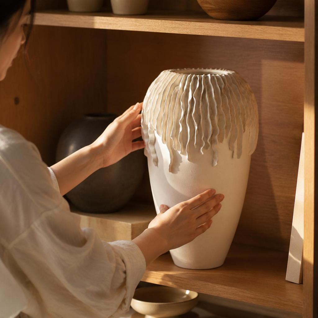 Textured Ceramic Vase with Raised Ridges Organic for Guesthouses
