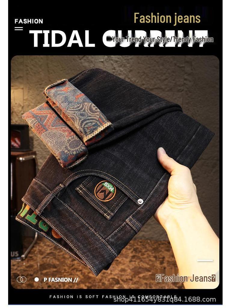 Pánské volné rovné strečové džíny s výšivkou - Trendy podzimní styl 2025 ležérní dlouhé kalhoty