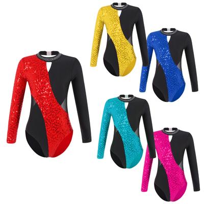Kids Girls Hollow Back Gymnastics Leotard Shiny Sequins Long Sleeve Dance Leotard Figure Skating Bodysuit