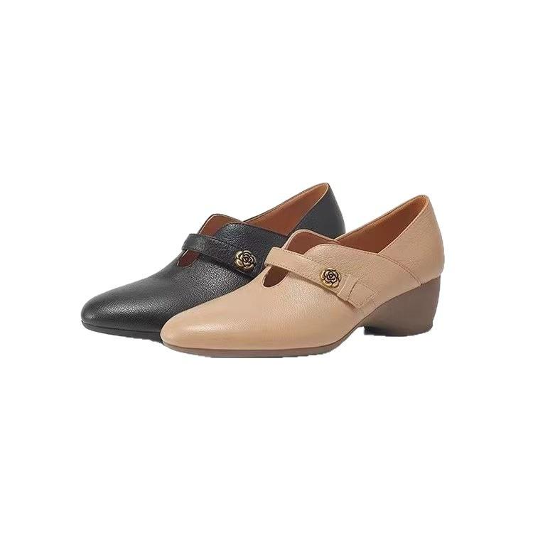 Französische Retro-Soft-Leder-Niedrigabsatz-Single-Schuhe Frühling und Sommer Neue Runde Spitze Flache Öffnung Kleine Lederschuhe Oma-Schuhe