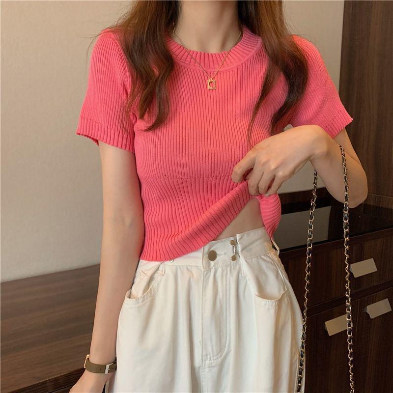 Women's Summer 2025 Stylish Ice Silk Slim Knit Short-Sleeve T-Shirt