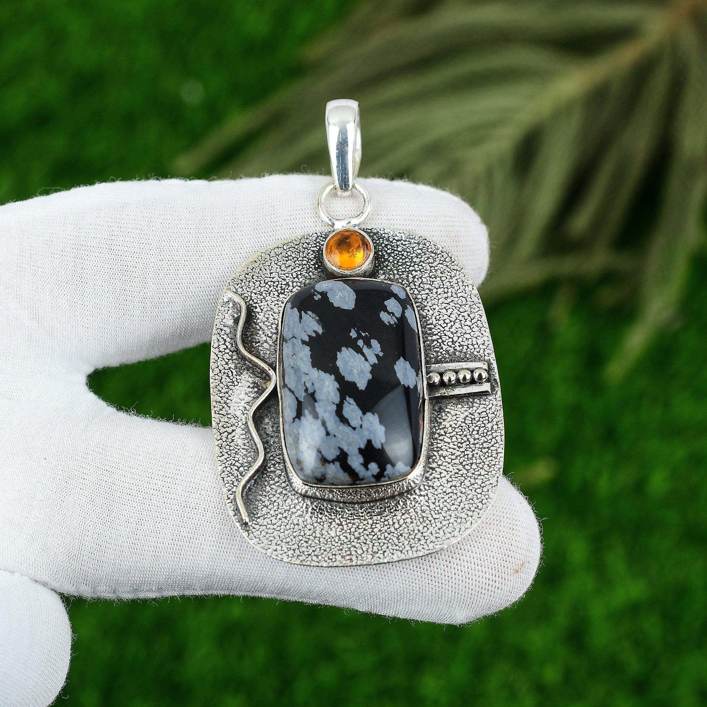 Radiant Snowflake Obsidian Gemstone Citrine Daughter Pendant Jewelry 925 Silver