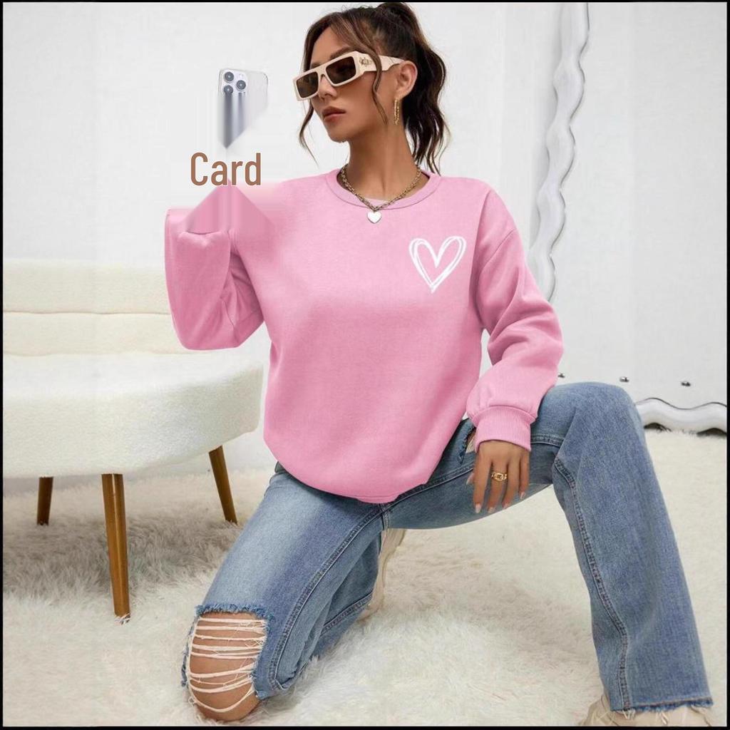 Women's Heart Print Loose Long Sleeve Sweatshirt - Cozy Round Neck Pullover