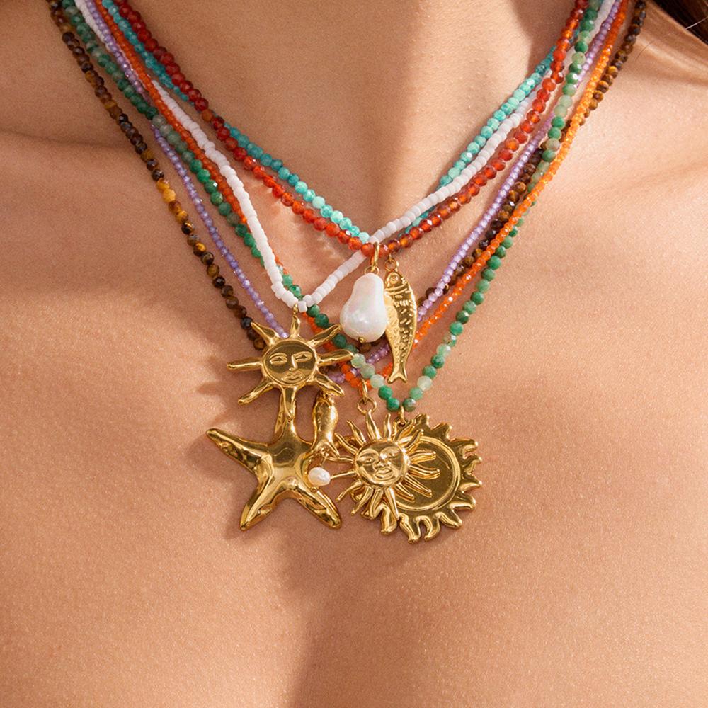 Uworld Beach Ocean Vacation Style 18K Gold Color Stainless Steel Sun Starfish Pendant Necklace Natural Stone Bead Necklace Women