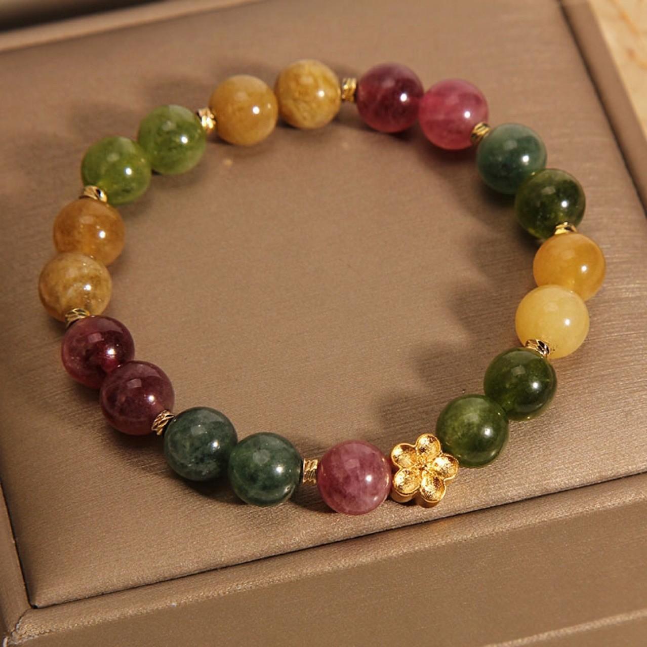 Women Colorful Tourmaline Bracelet, Peach Blossom Floral Ornament, Sweet Daily Accessory