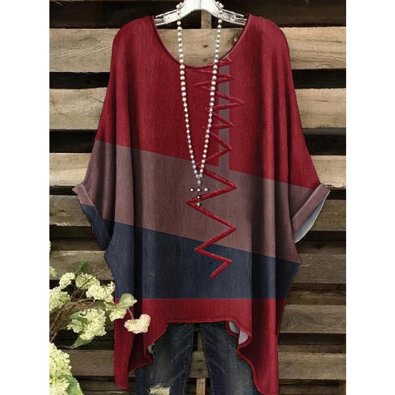 

Color blocking printed plus size women s T-shirt casual and comfortable round neck loose fit irregular hem women s T-shirt 1XL