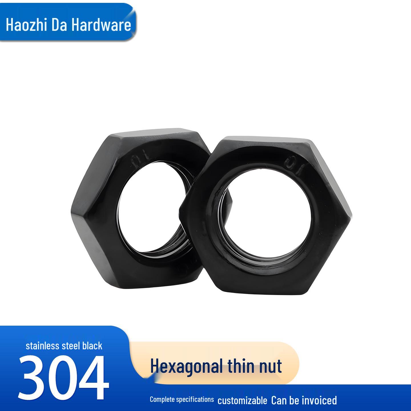 Black Chamfered Edge Hex Thin Nut, 304 Stainless Steel, DIN439-2, Sizes M4-M30 M4 Hex Thin Nut (50 pcs)