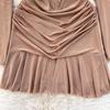 Women Summer Spring Elasticity Long Sleeve Color Soild V-Neck Casual Sheath A-Line Mini-Length High Waist Dress