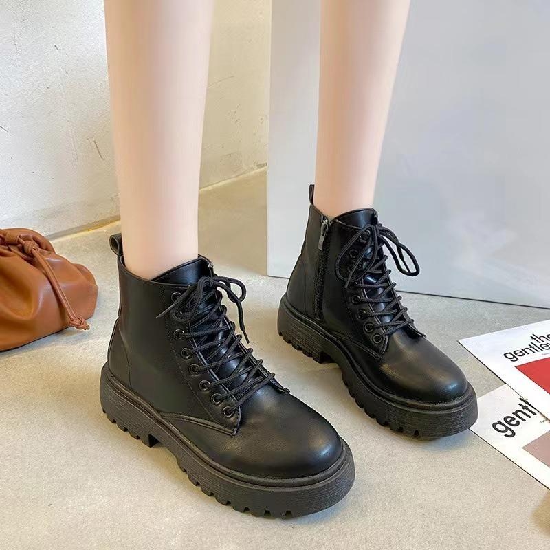 Black front lace-up Martin boots women's summer new thick-soled heightening short boots thin boots