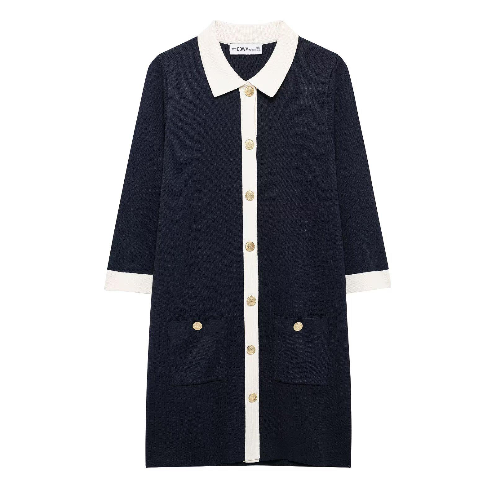 

2025 Spring Women s European & American Style Golden Button Knitted Short Dress L синий