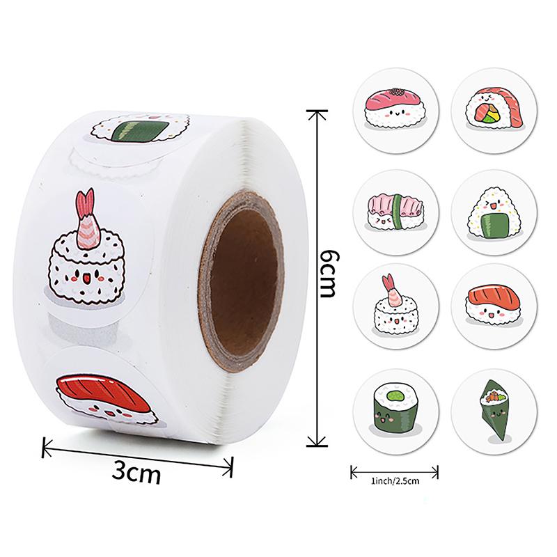 1Roll 2.5cm/1inch Circular Cartoon Sushi Pattern Sticker Birthday Wedding Decor Sticker Baked Dessert Lunch Box Label Sticker
