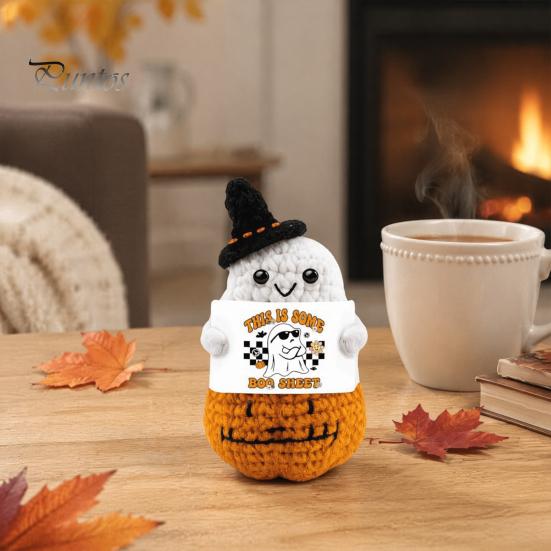 Portable Travel Friendly Charm Hand Knitted Halloween Ghost Ornament, Crochet Plush Doll with Whimsical Witch Hat Pumpkin Encouragement Card,