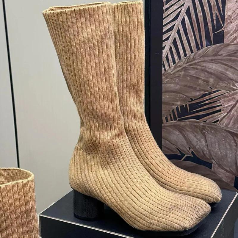 Pointed Elastic High Heel Socks Boots Women's Shoes 2025 Trends Knitted Breathable Slim Thick Heel Short Boot Black Sexy