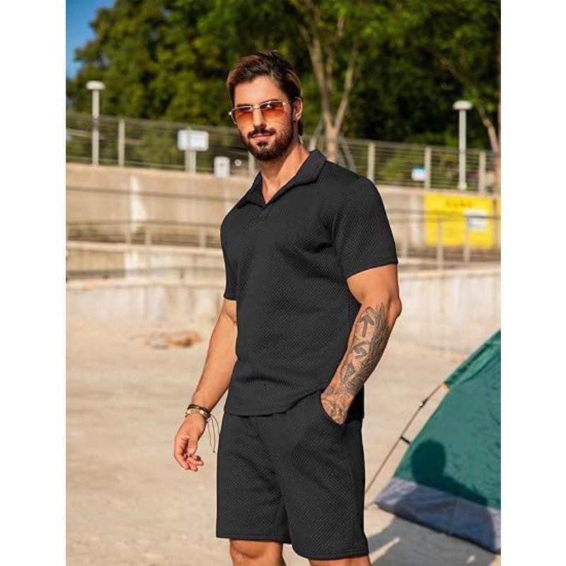 Men's Knitted Sweater Summer Casual Textured Beach Short Sleeve and Shorts Set
