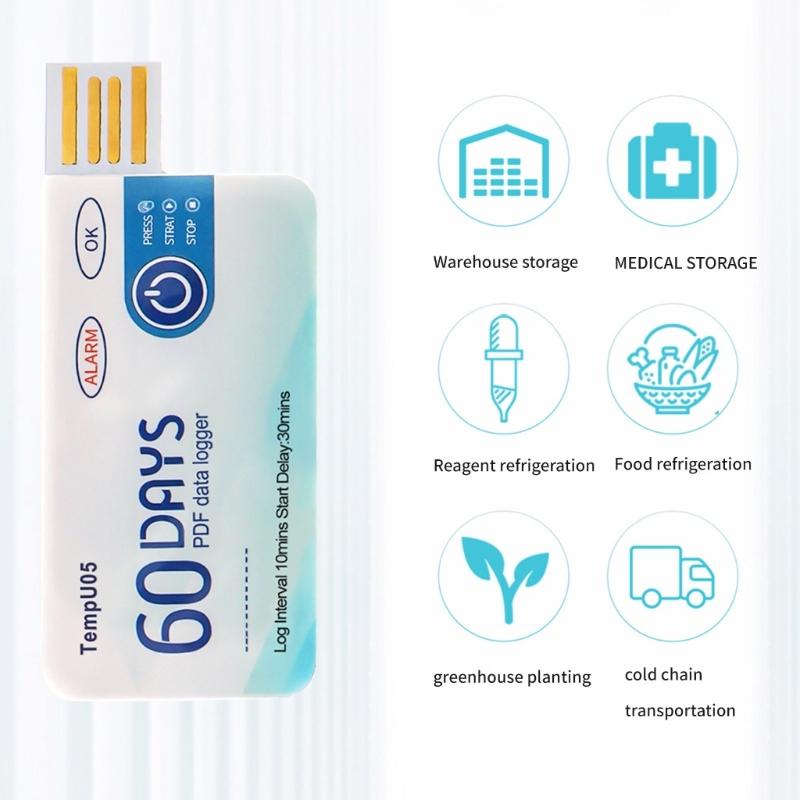 USB Temperature Data Logger 10000 Point Single Use Temperature Recorder with PDF Report Warning Light 60 Days Disposable