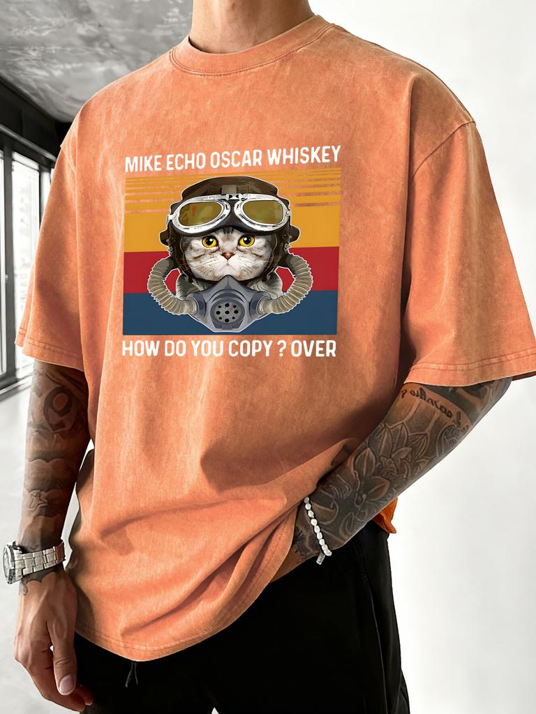 Cat Make Echo Oscar Whisky Prints MenS Washed TShirt Summer Loose Short Sleeve ONeck Cotton Streetwear Gym Casual T Shirts