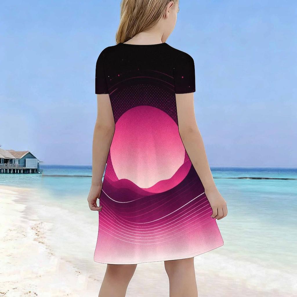 Girls Round Neck Short Sleeve Colorful Swirl Printed A Line Flared Dress