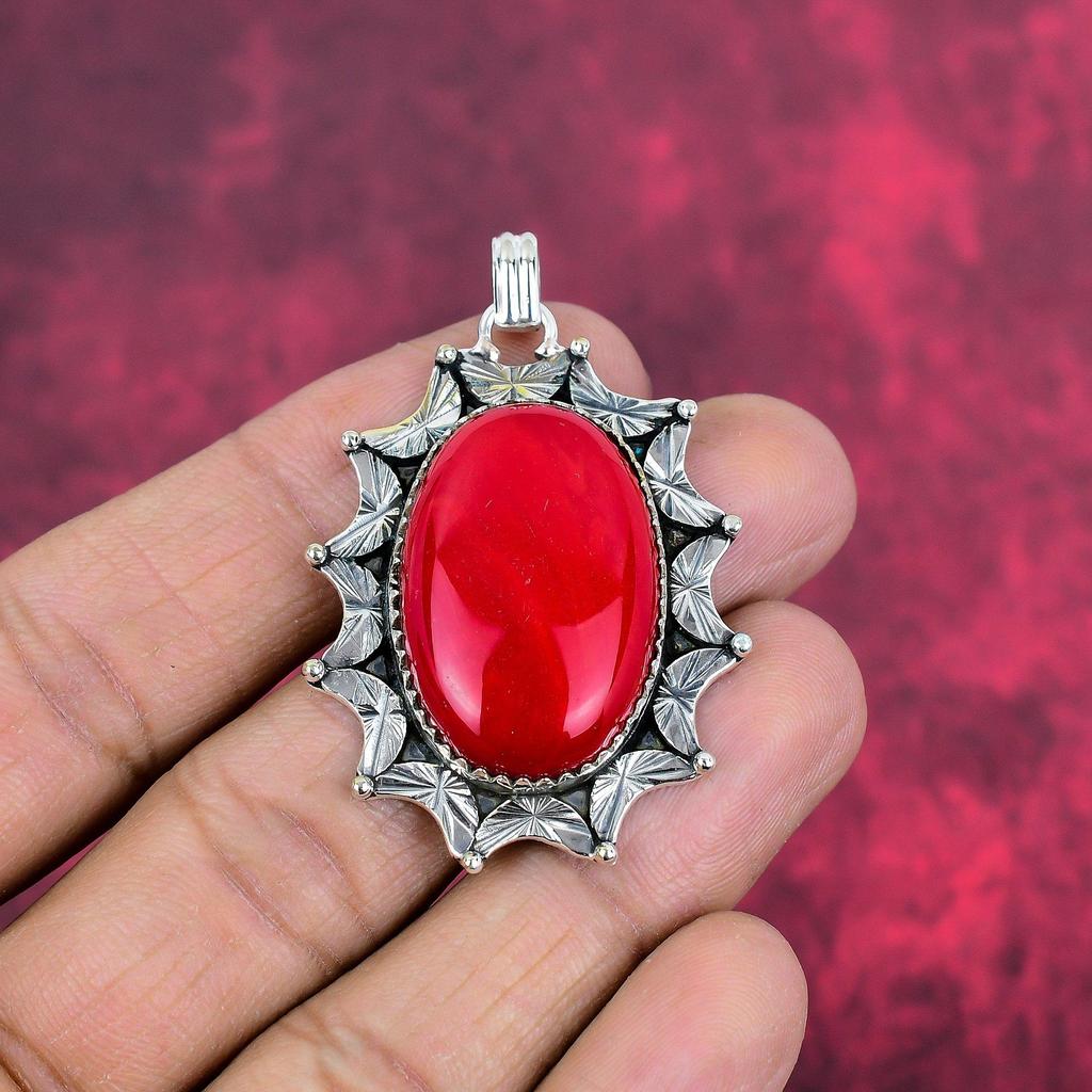 Red Coral Handmade Gemstone Pendant, 925 Solid Sterling Silver Pendant Antique Jewelry, For Engagement Gift