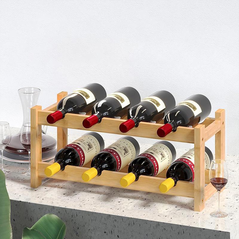 Wine Rack Freestanding 8 Bottle 2 Tier Bamboo Wine Racks Countertop Cabinet Wine Holder Wine Storage Shelf For Kitchen