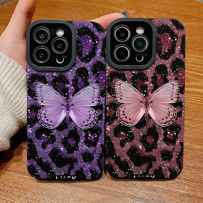 Vertical Grain Leather Shell Butterfly Printed Patterned Shockproof Soft Silicone Case with Camera Lens Full Protection for iPhone
