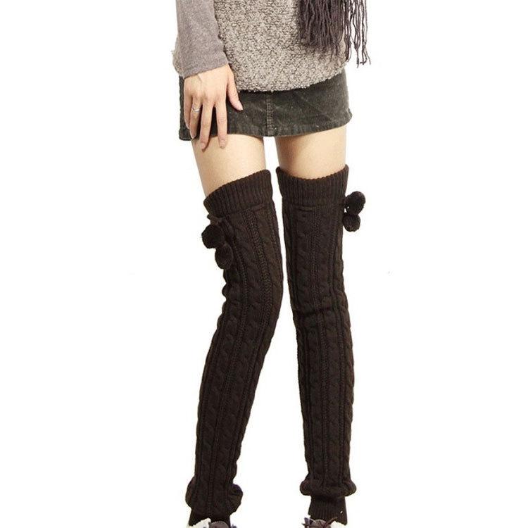 Extra Long Cable Knit Over-the-Knee Leg Warmers with Pom Pom