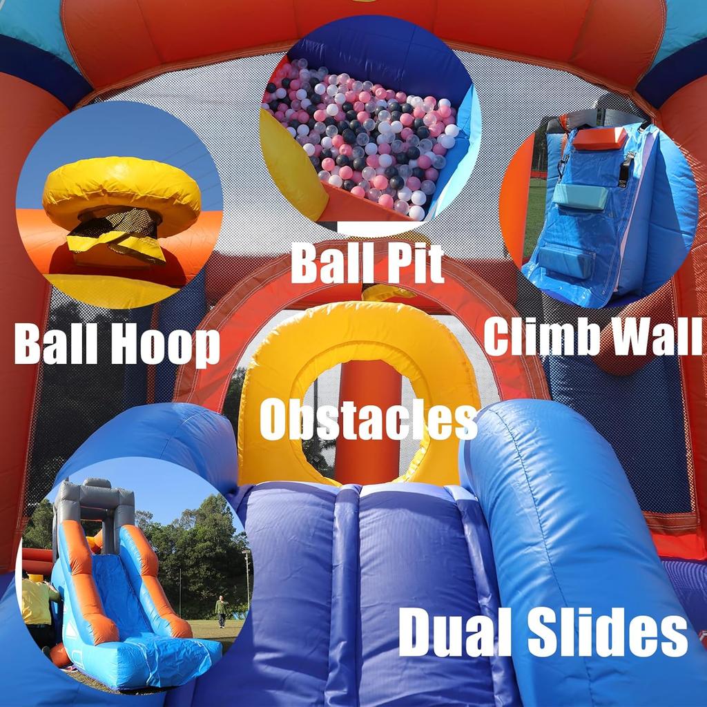 Castillo Inflable para Fiestas Infantiles, Castillo Hinchable con Toboganes y Piscina de Bolas, Juego de Lanzar Anillas, Aro de Baloncesto, Obstáculo