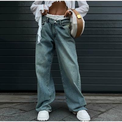 New Patchwork Straight Long Denim Pants Women Versatile Loose Low Waist Button Elastic Cowboy Trousers Female Streetwear