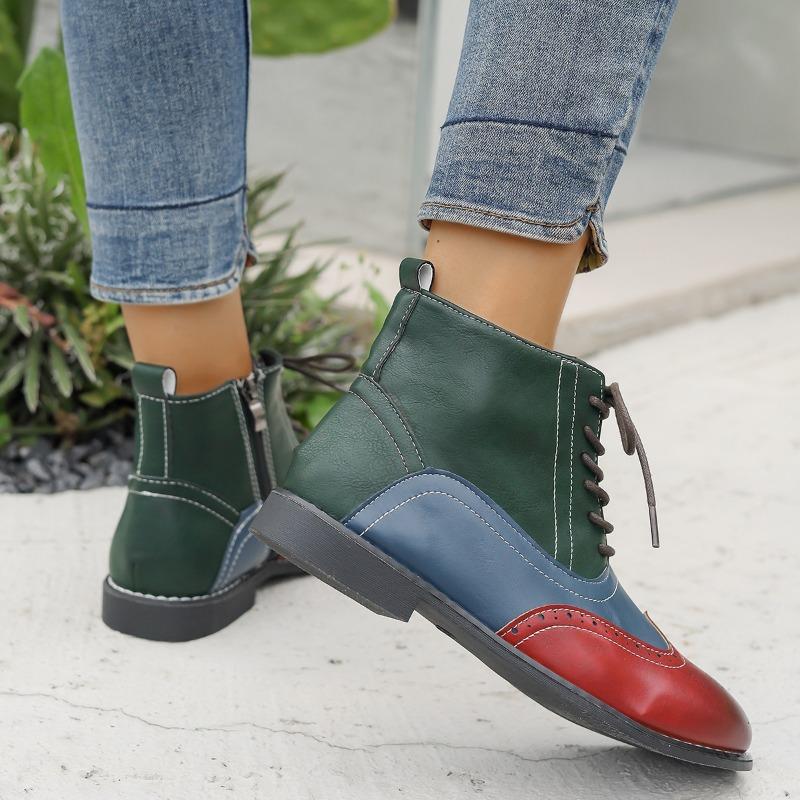 Multicolor Block Heel Single Boots Women's Round Toe Spliced Side Zip Front Lace-Up Soft Sole Non-Slip Shorthole Boots