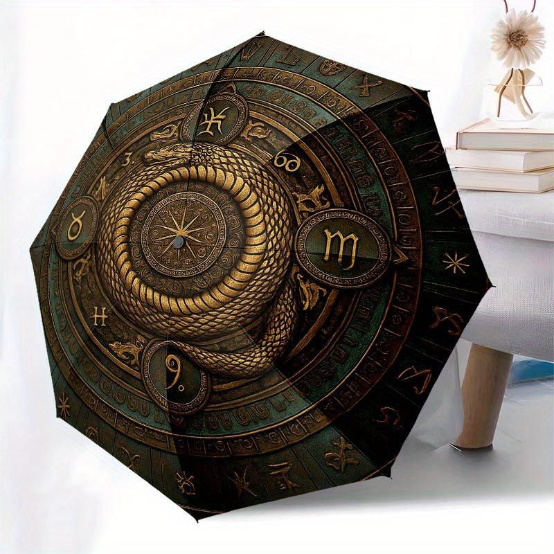 Golden Serpent Zodiac Wheel: Mystical Astrological Decor Umbrella, Portable 3-Fold Compact Umbrella for Men & Women R159
