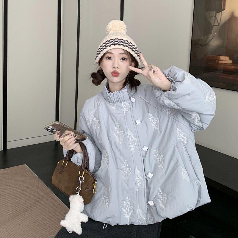 

Women s Winter Cotton Jacket - Embroidered Stand Collar, Loose Fit, Warm Long Sleeve with Floral Details XL (Recommended 55-65kg)