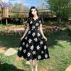 Black Floral Dress for Women's Summer Waist and Thin Temperament V-neck Short-sleeved French Retro Style Medium and Long Dress