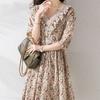 Elegant Broken Flowers A-Line Dresses Vintage Lace V-Neck Spliced Female Clothing Summer Hollow Out Drawstring Waist Midi Dress