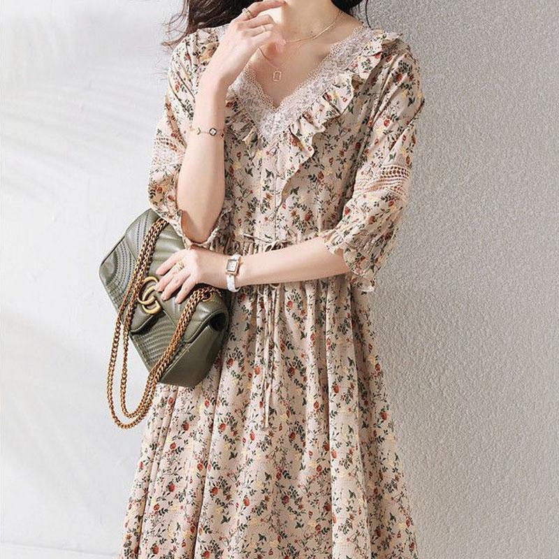 Elegant Broken Flowers A-Line Dresses Vintage Lace V-Neck Spliced Female Clothing Summer Hollow Out Drawstring Waist Midi Dress
